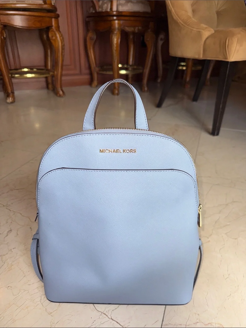 Michael Kors Pale Blue Saffiano Leather Backpack with Gold Hardware